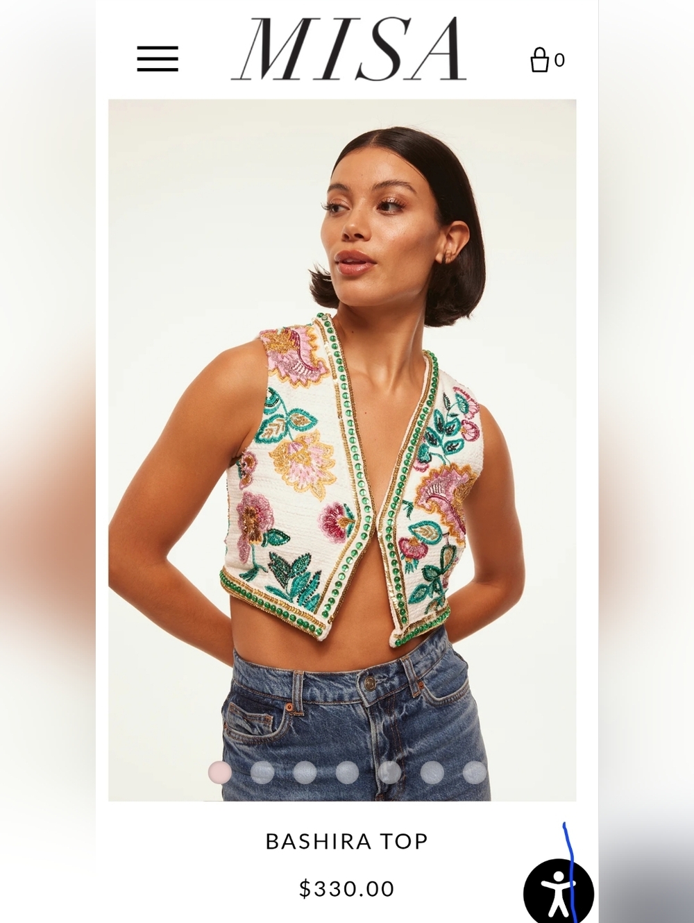 MISA Embroidered Floral Cropped Vest - White